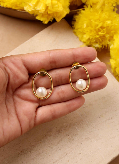 Gold Oval Earrings With Pearl Drop