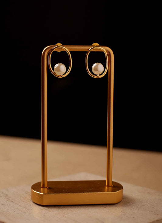 Gold Oval Earrings With Pearl Drop