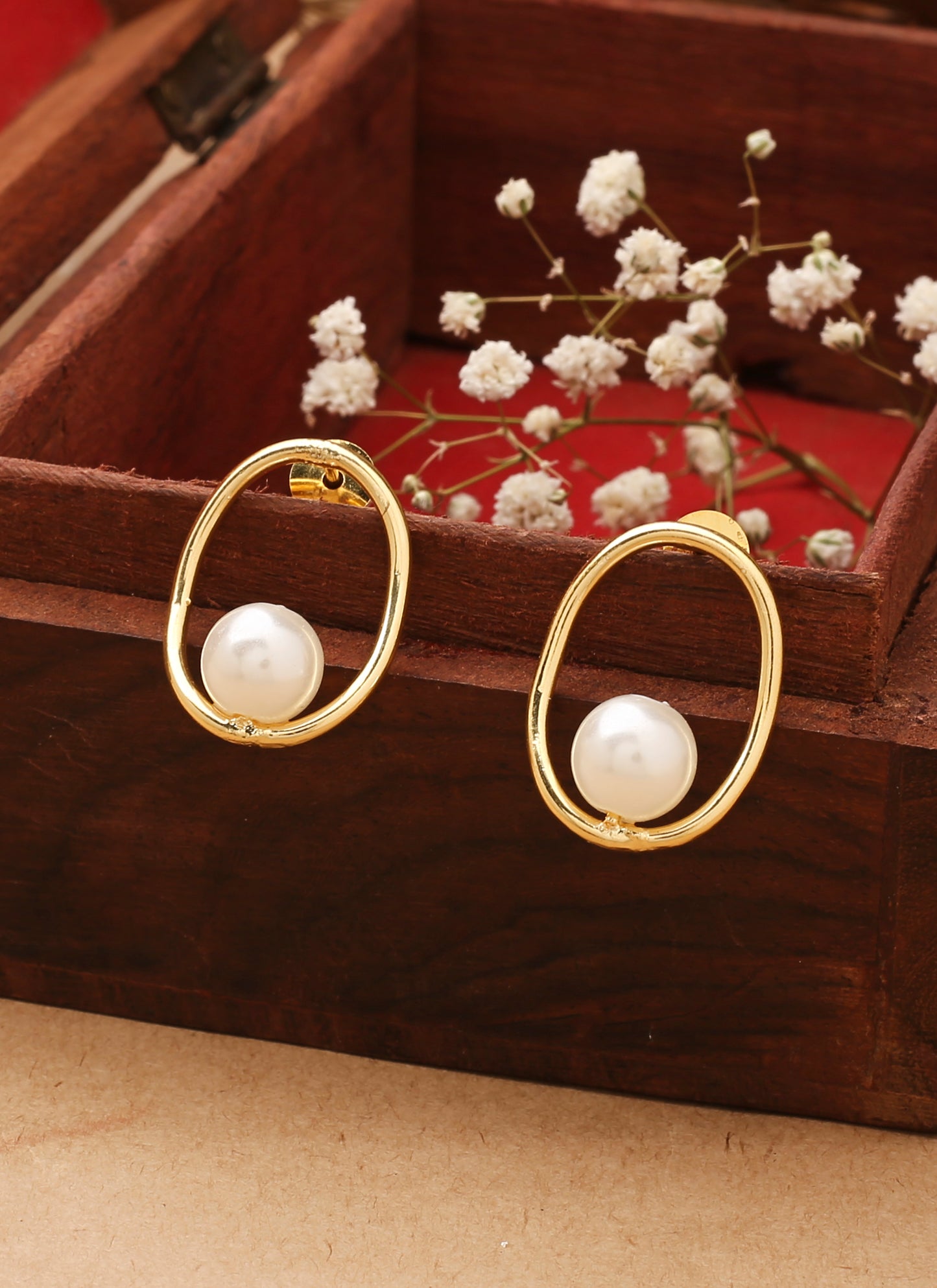 Gold Oval Earrings With Pearl Drop