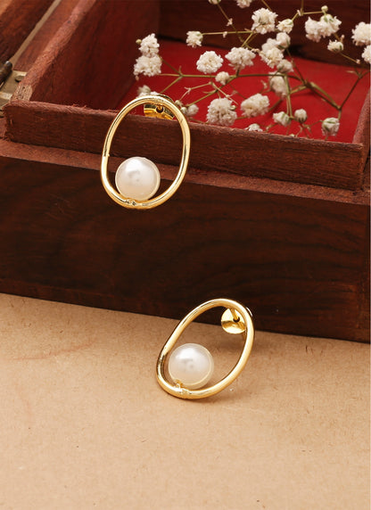 Gold Oval Earrings With Pearl Drop