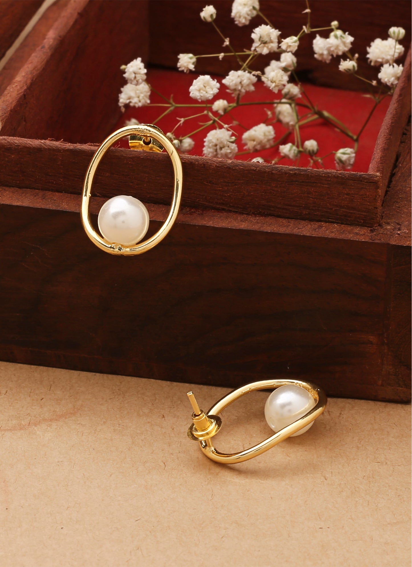 Gold Oval Earrings With Pearl Drop