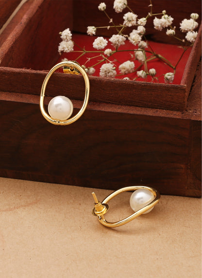 Gold Oval Earrings With Pearl Drop