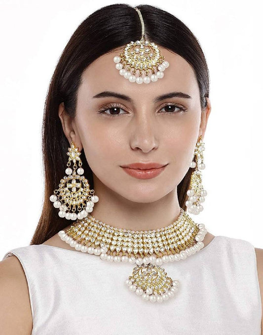 White Gold Choker Set With Earrings And Maang Tikka