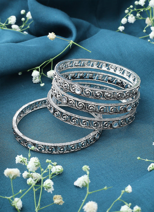 Set of 4 Oxidised Bangles With White Stones