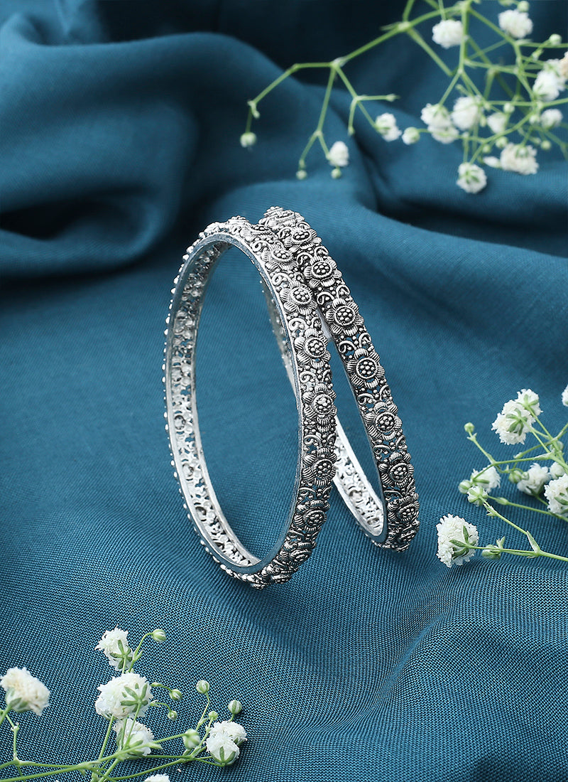Oxidised Metallic Silver Bangle Set