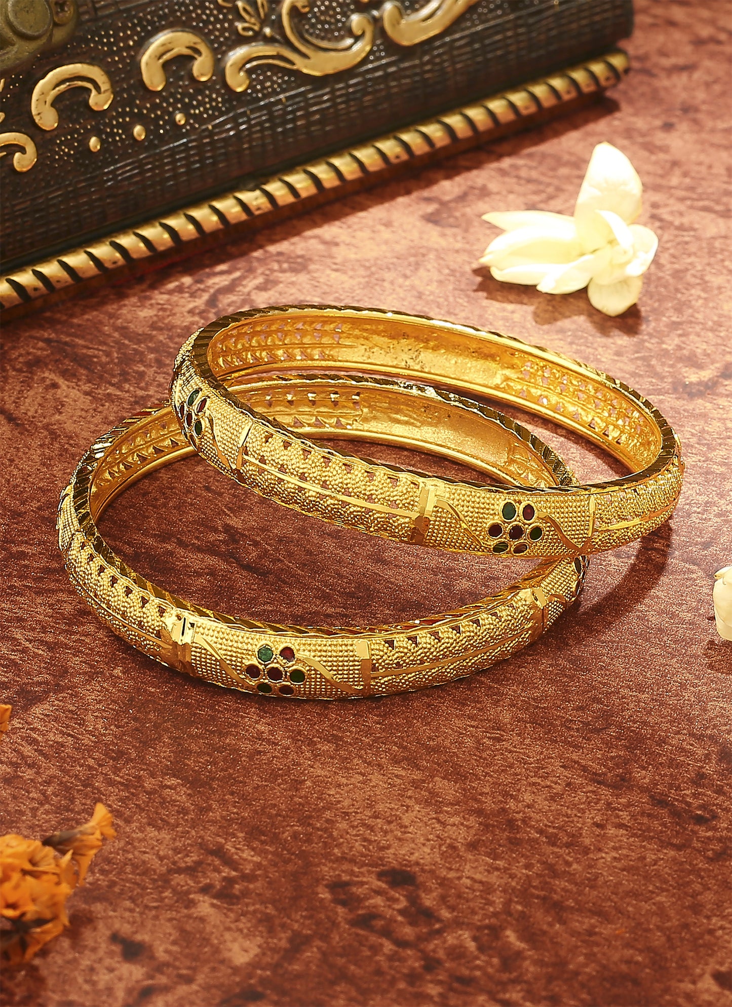 Floral Gold Plated Bangles For Women In Set of 2