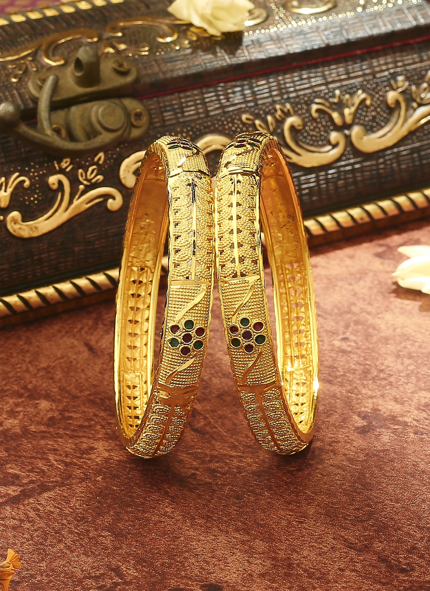 Floral Gold Plated Bangles For Women In Set of 2