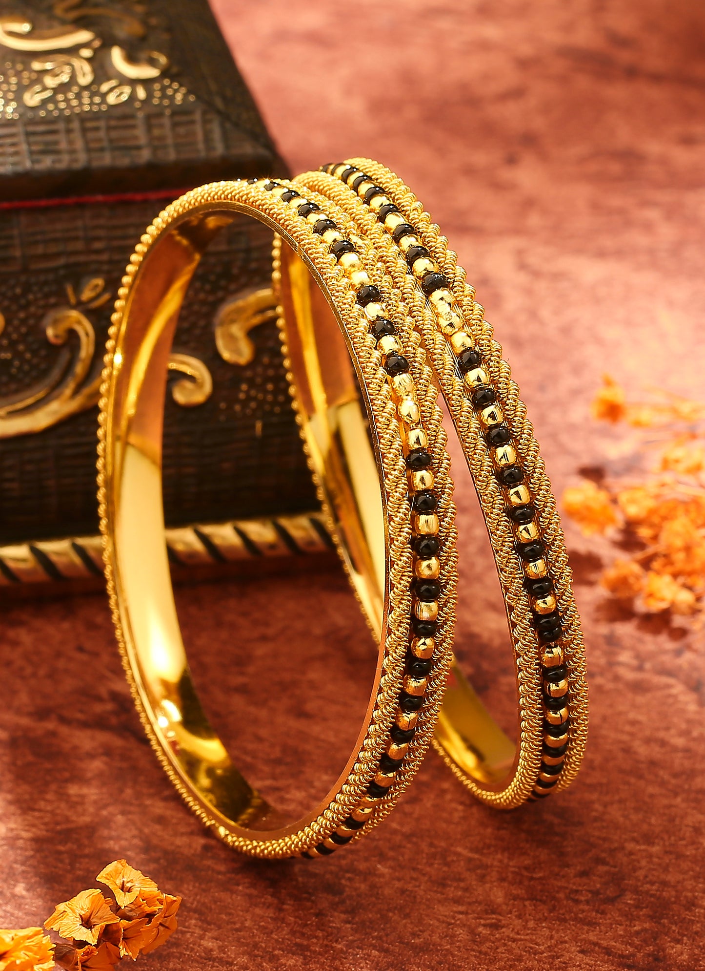 Gold-Plated Black Beaded Wedding Bangles
