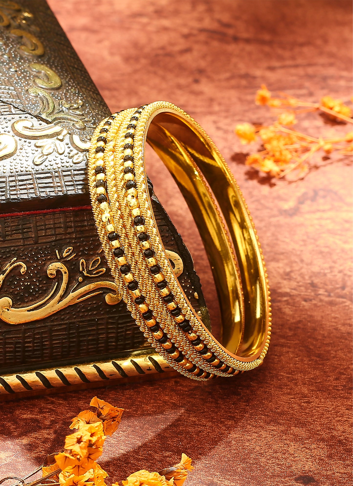 Gold-Plated Black Beaded Wedding Bangles