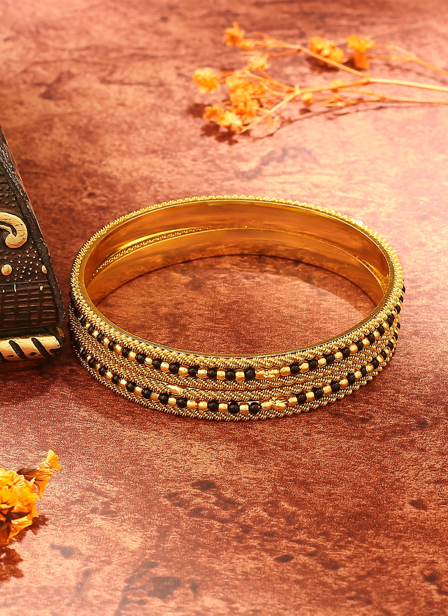 Gold-Plated Black Beaded Wedding Bangles