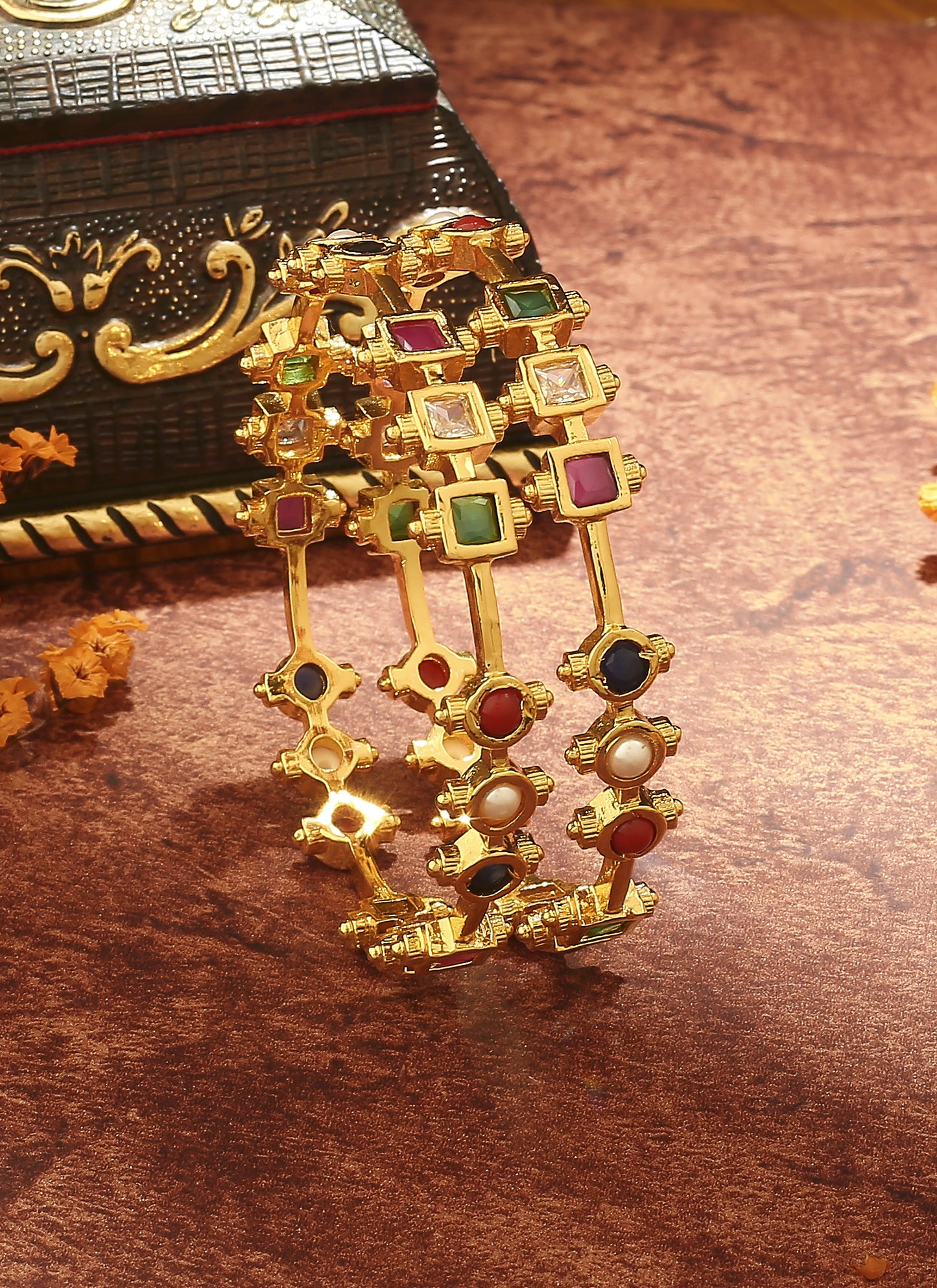 Gold-Plated Bangles with Multicolour Stones