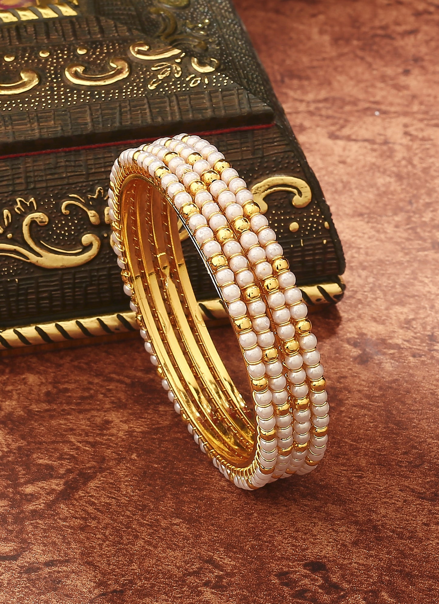 White Gold Beaded Alloy Bangles Set of 2