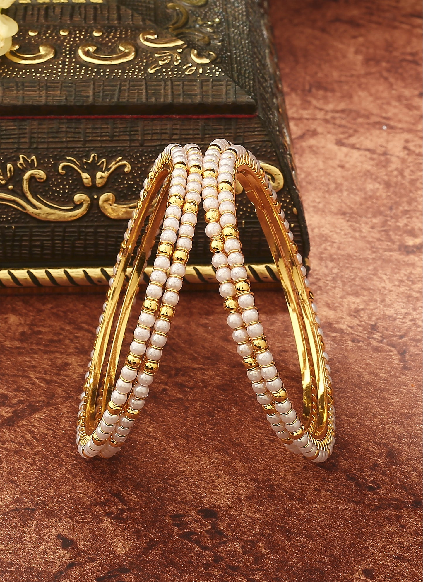 White Gold Beaded Alloy Bangles Set of 2