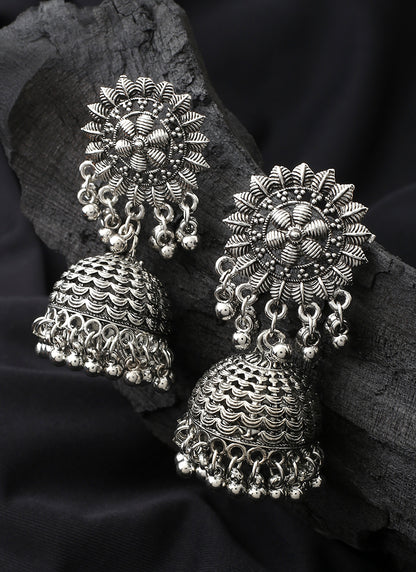 Long Oxidised Floral Shaped Earrings