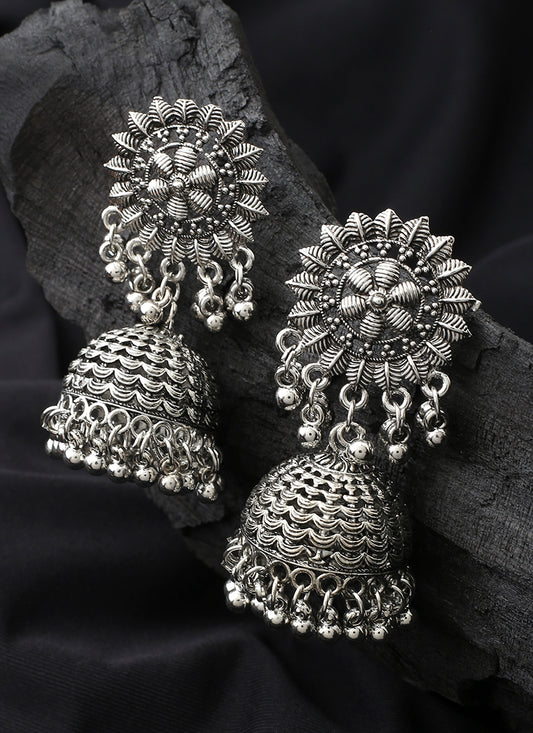 Long Oxidised Floral Shaped Earrings