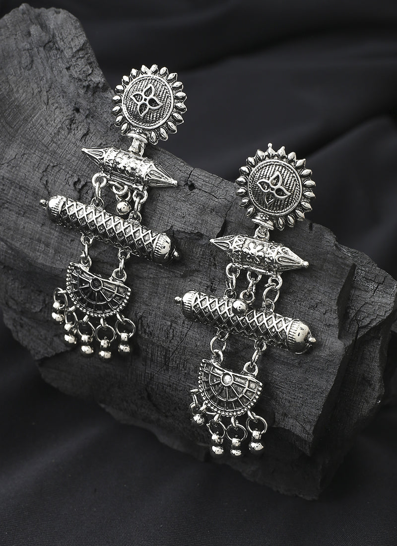 Long Oxidised Silver Alloy Earrings