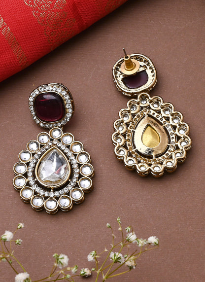 White Gold Kundan Earrings With Pink Stone