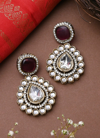 White Gold Kundan Earrings With Pink Stone