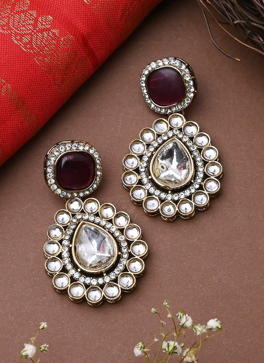 White Gold Kundan Earrings With Pink Stone