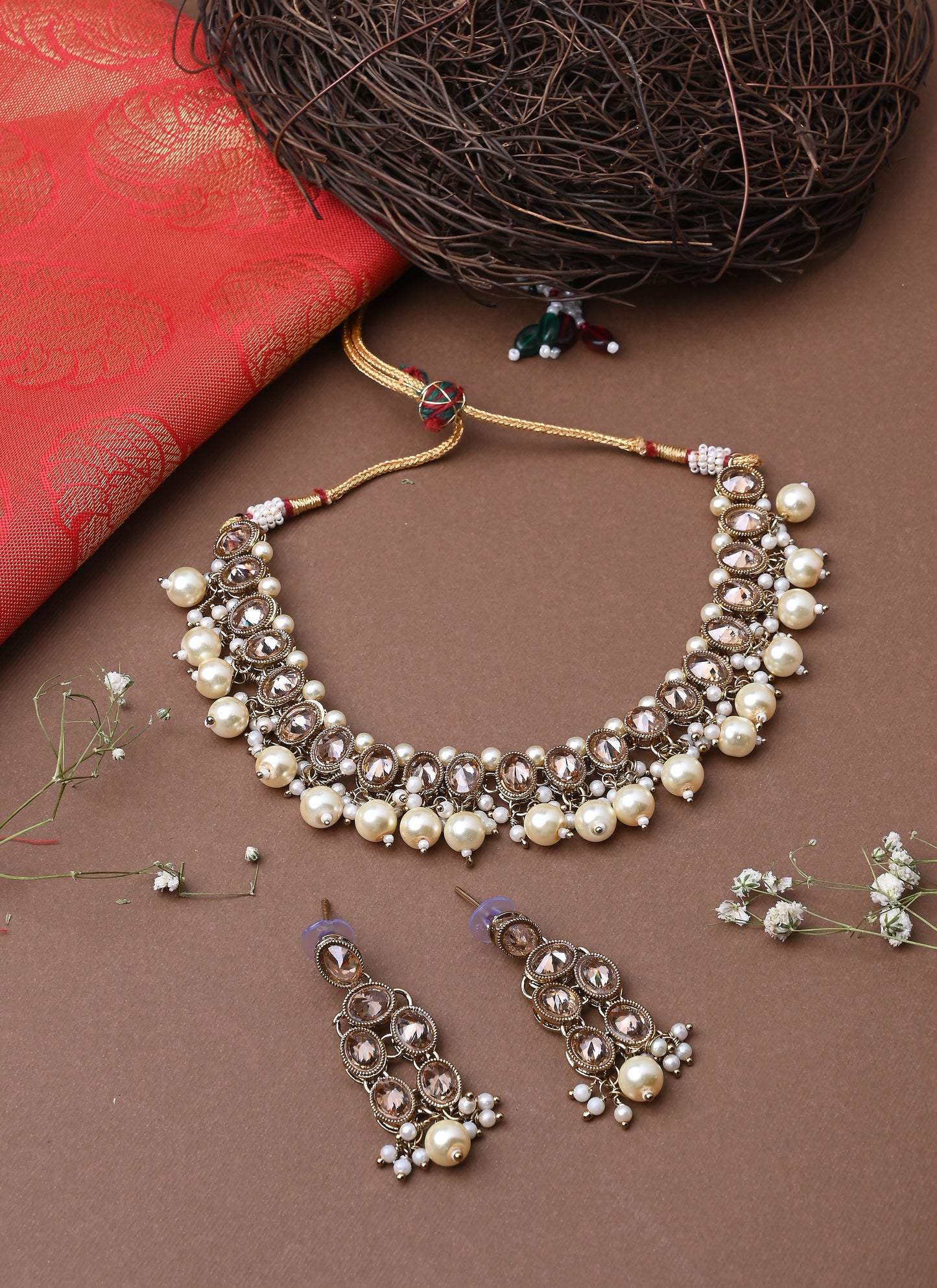 Kundan White Gold Beaded Necklace Set With Earrings