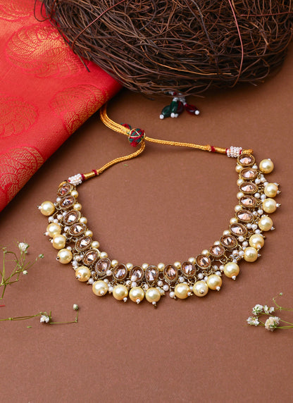 Kundan White Gold Beaded Necklace Set With Earrings