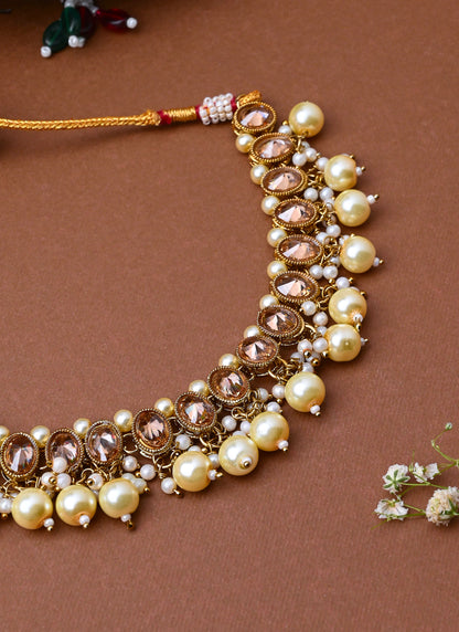 Kundan White Gold Beaded Necklace Set With Earrings