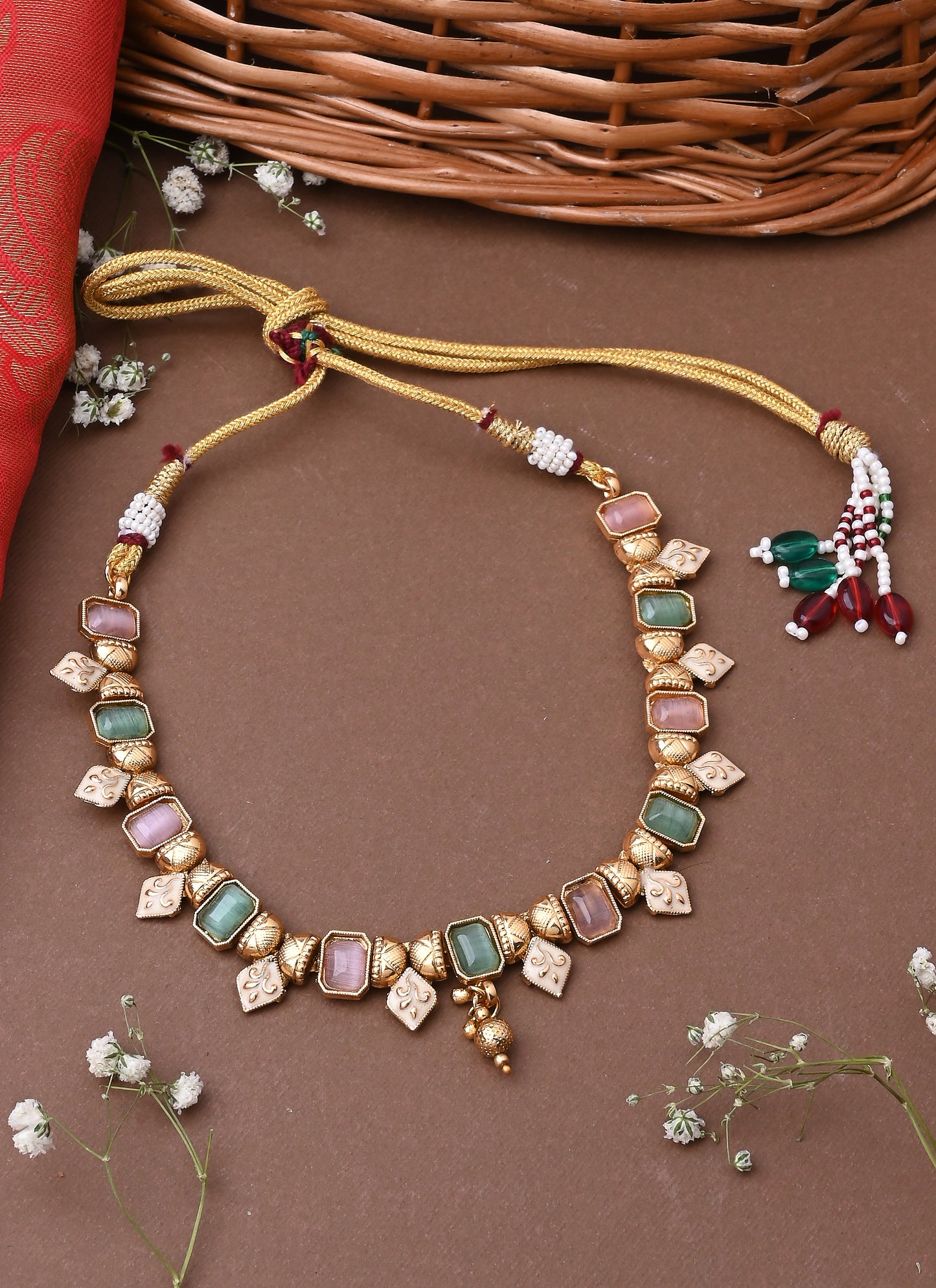 Multicolour Necklace Set With Pink And Green Stones