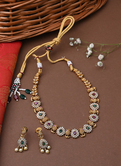 Traditional Multicolour Gold Plated Necklace Set With Earrings