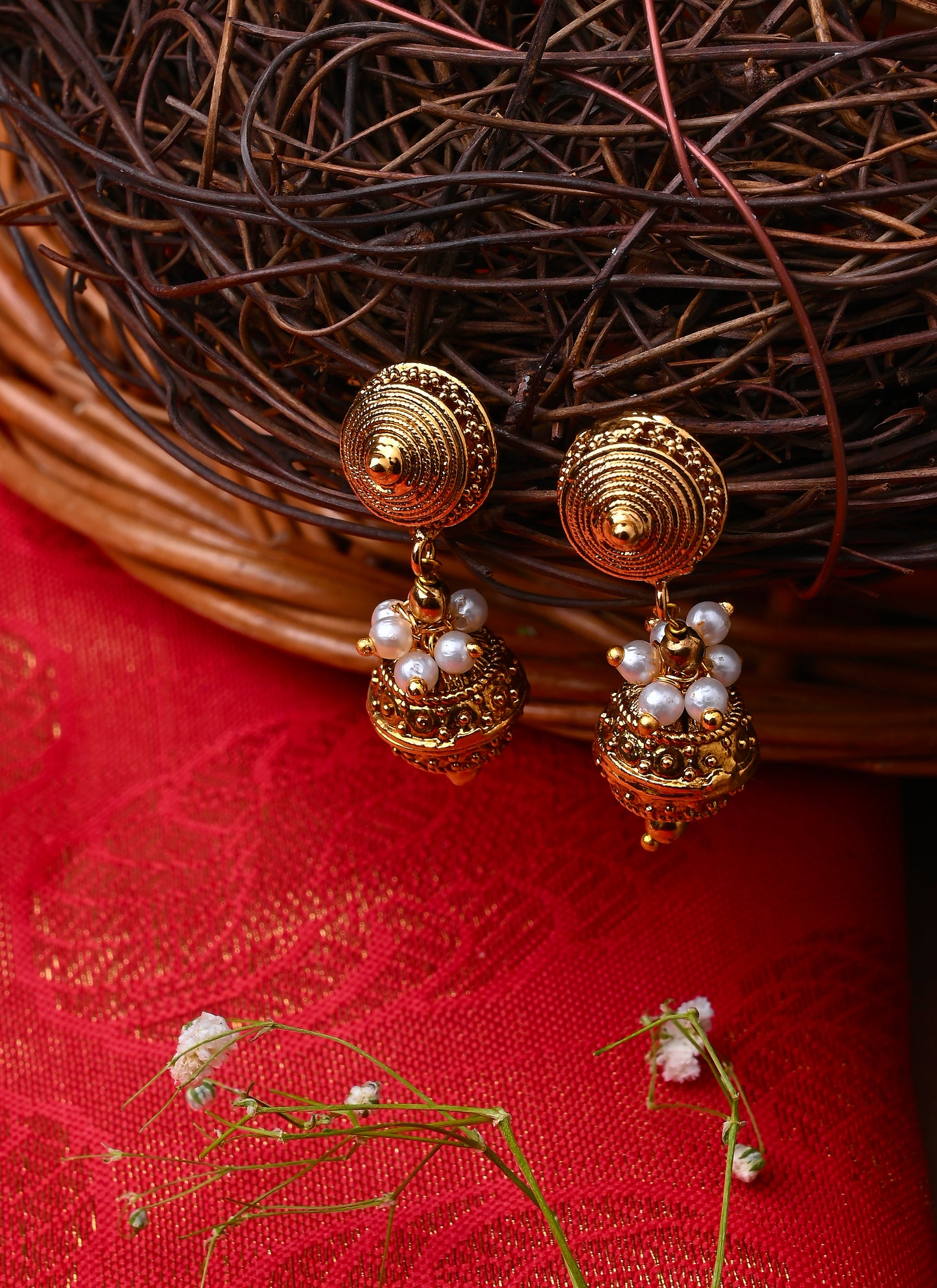 White Gold Beaded Jewellery with Golden Earrings