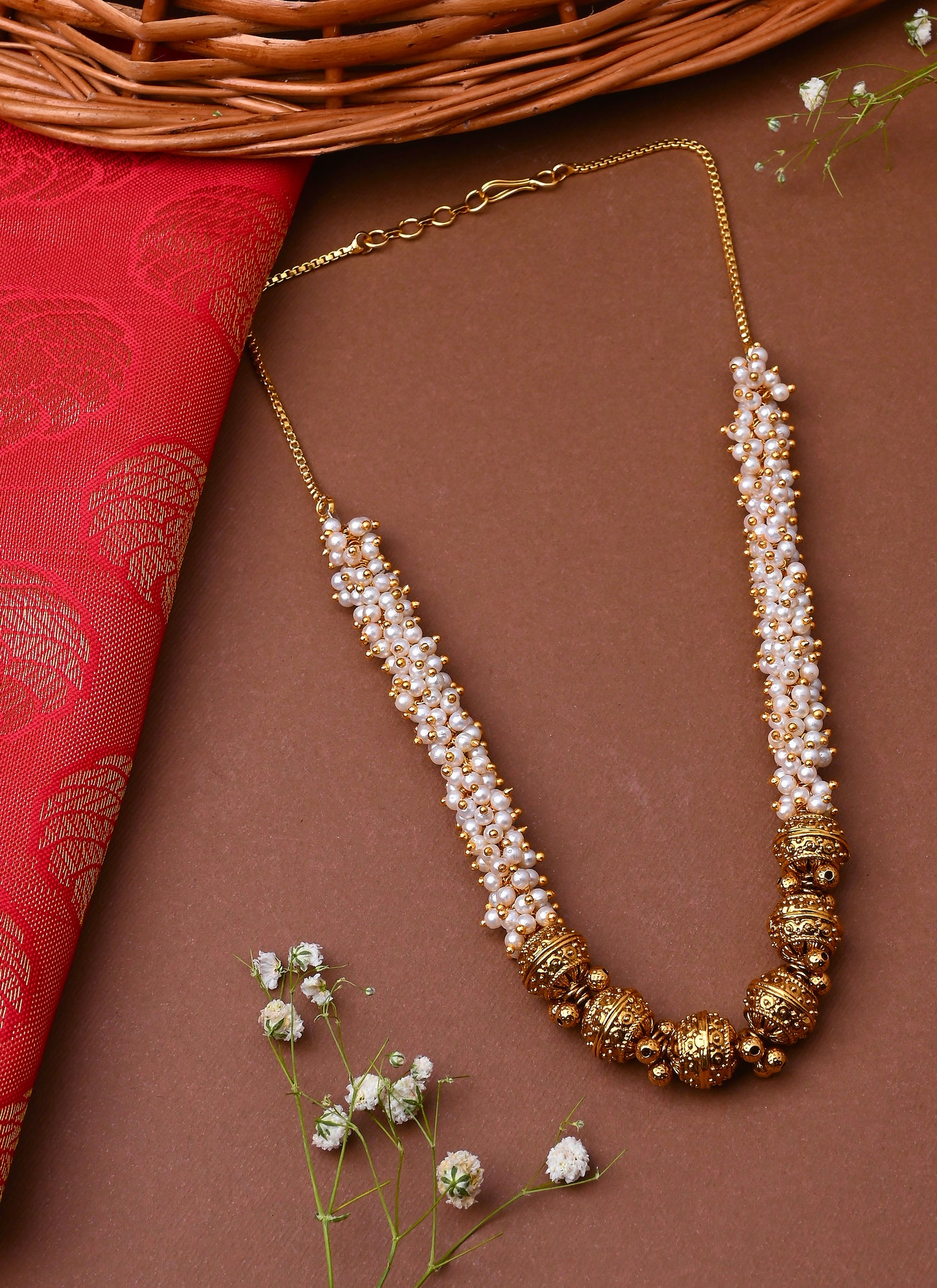 White Gold Beaded Jewellery with Golden Earrings