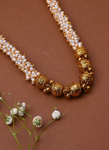 White Gold Beaded Jewellery with Golden Earrings