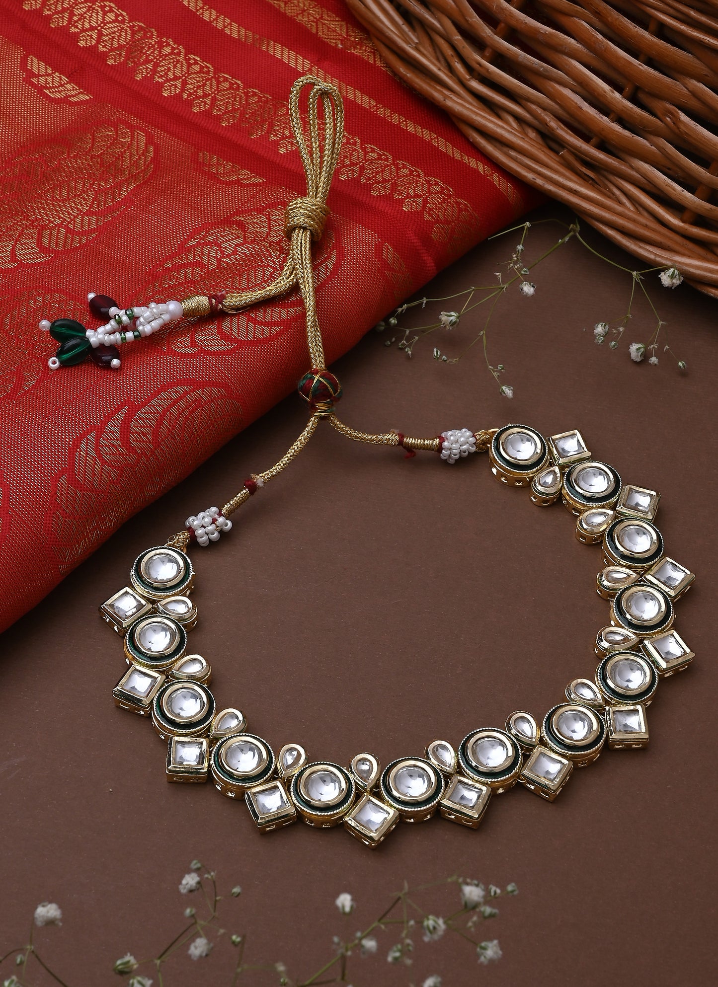 White Gold Kundan Necklace Set with Earrings