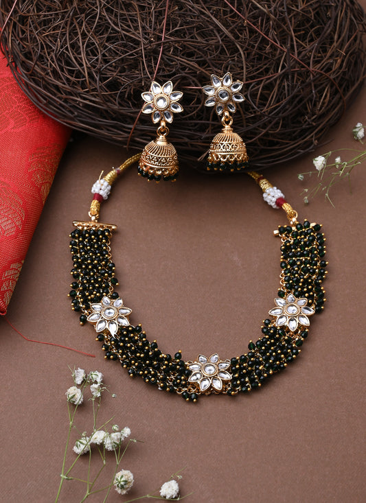 Beaded Jewellery Floral Green Necklace With Earrings