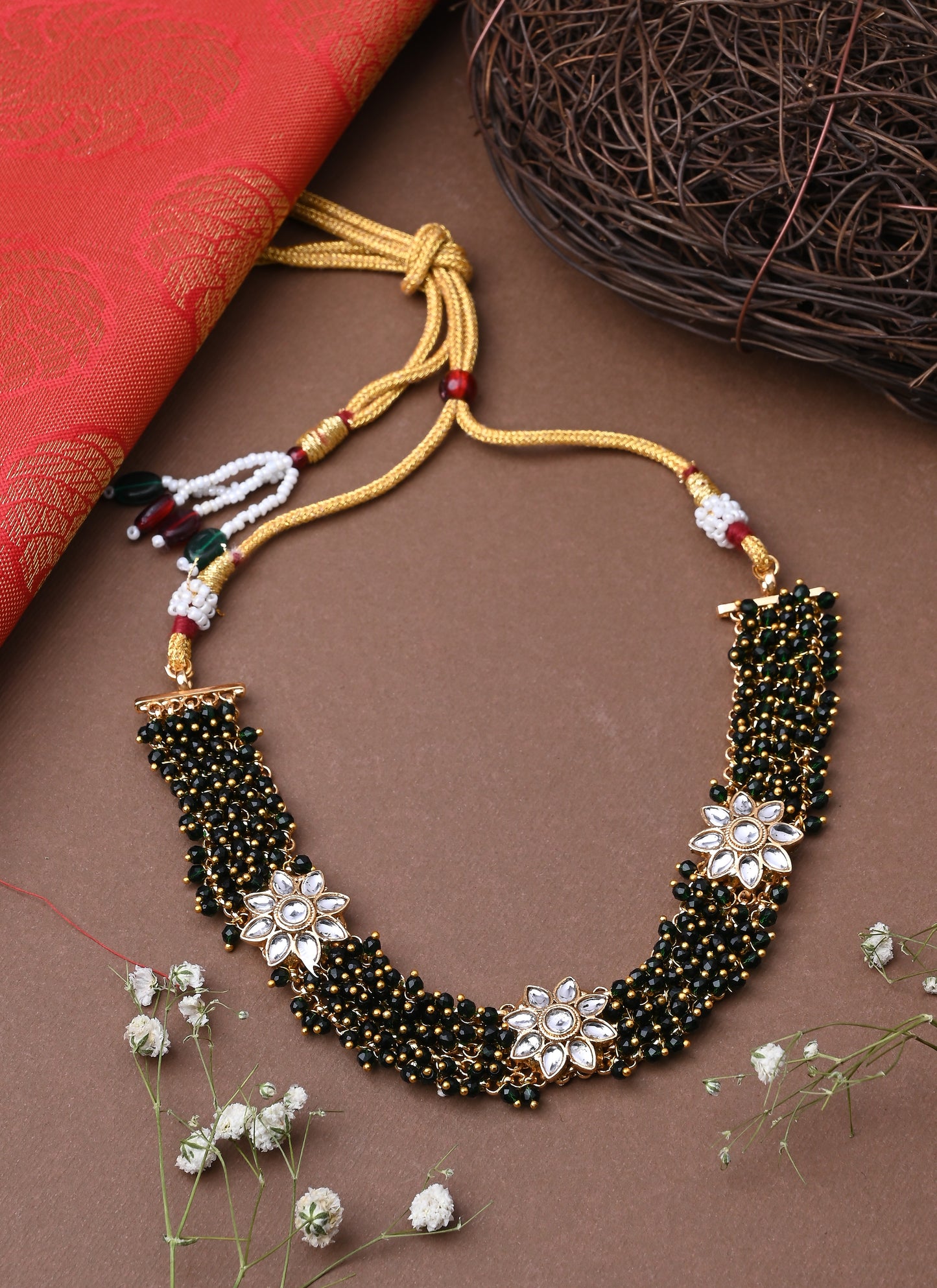 Beaded Jewellery Floral Green Necklace With Earrings