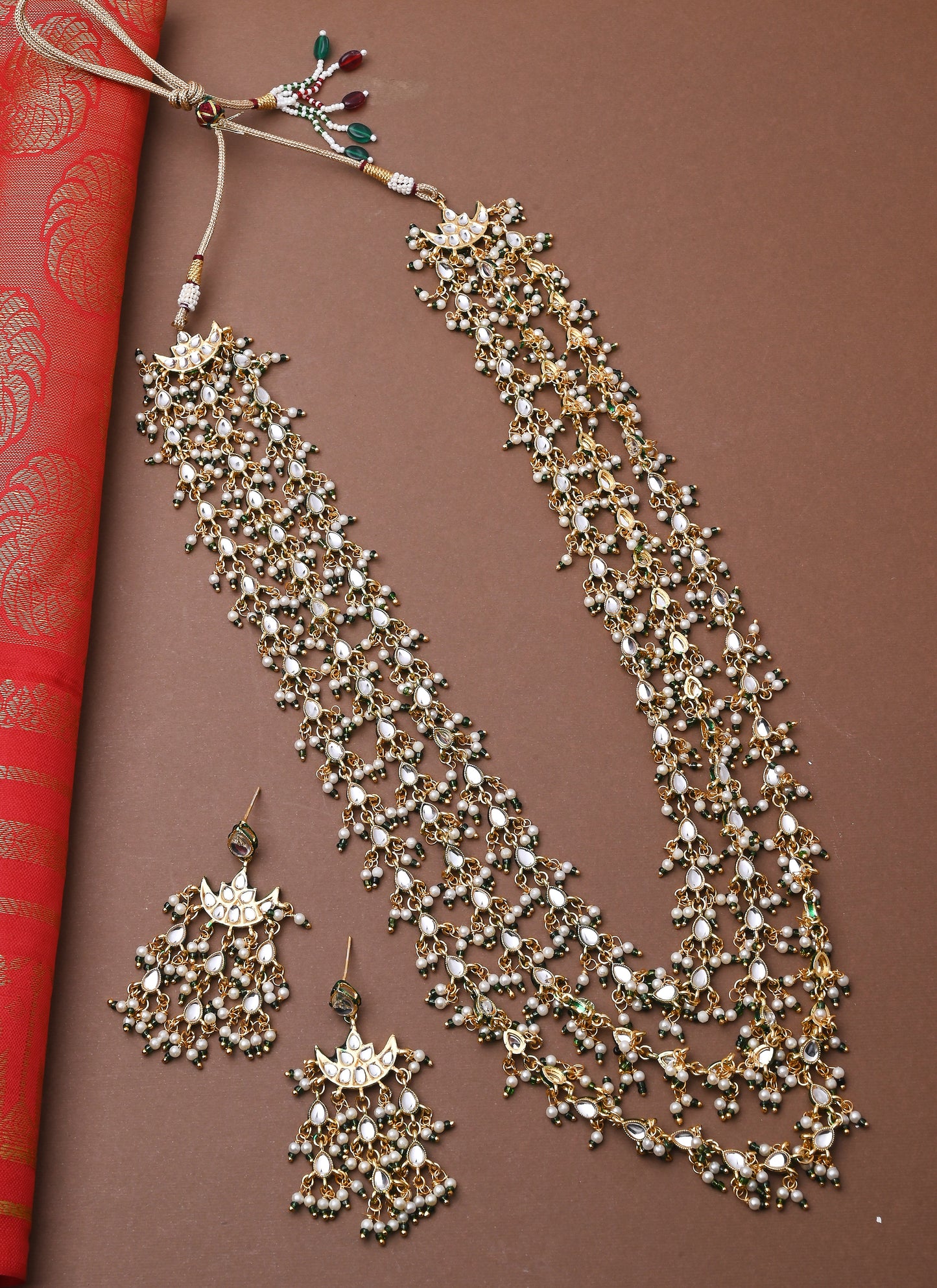 Three Layered Long Necklace Set With Earrings