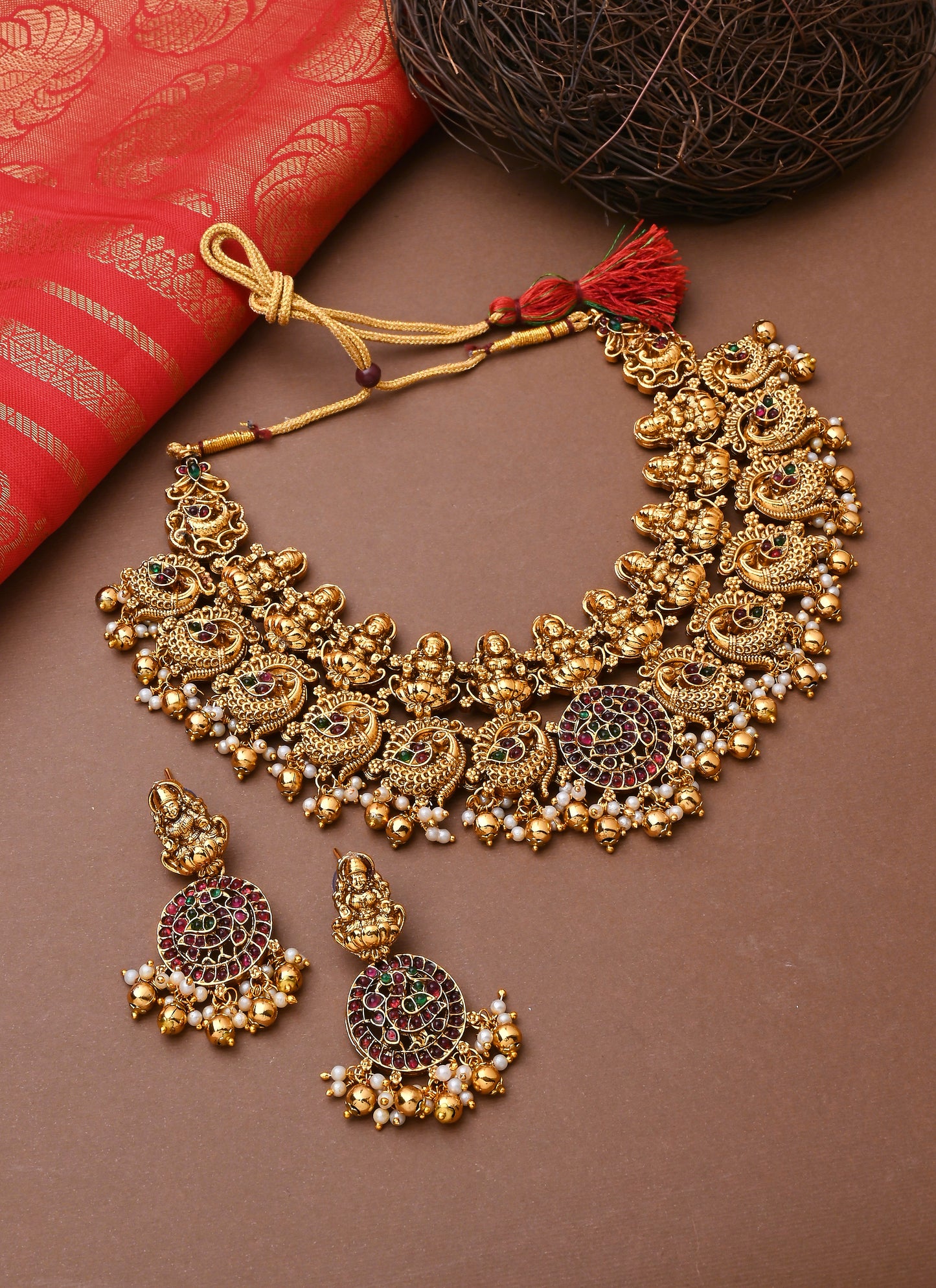 Multicolour Laxmi Motif Gold-Plated Necklace Set