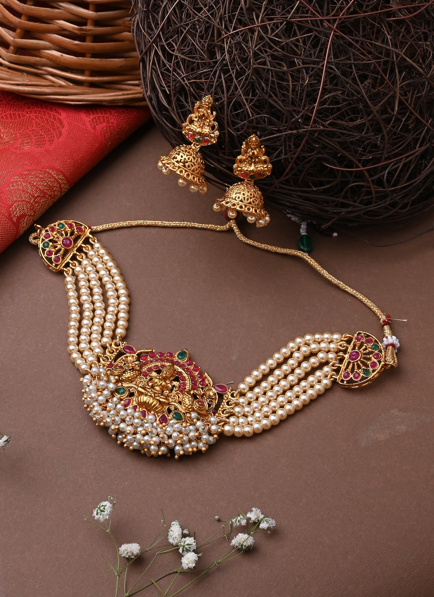 Multicolour Laxmi Motif Choker Set with Earrings