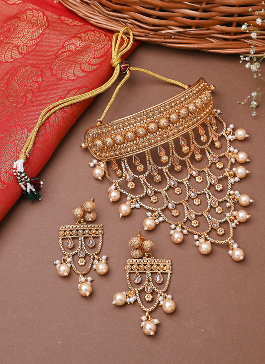 Traditional Gold-Plated Long Choker Set with Attached Chains