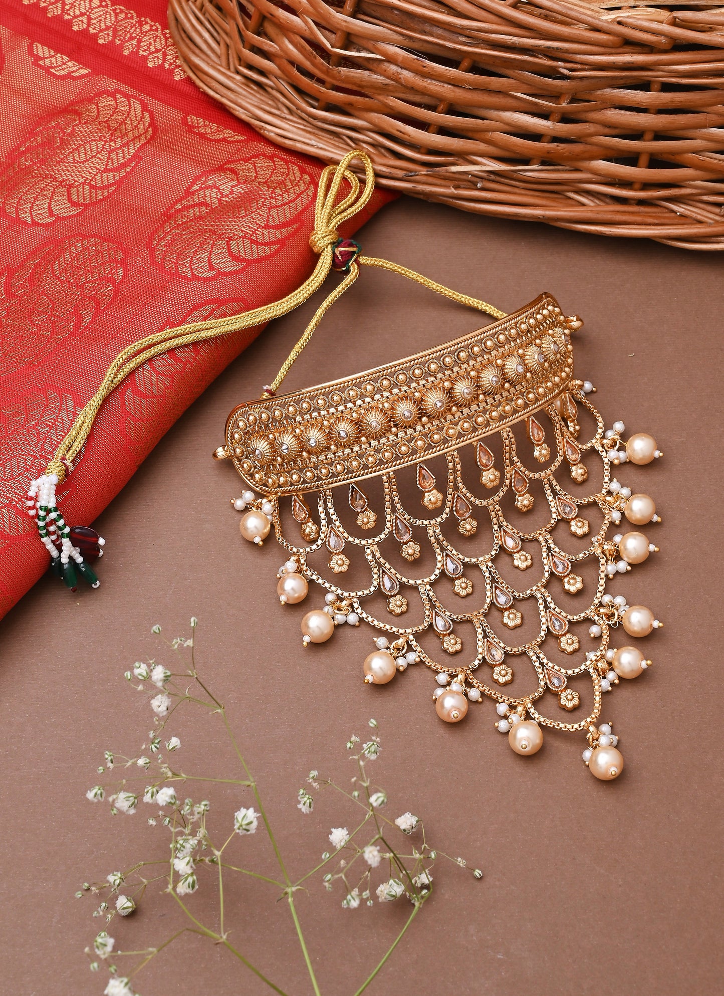 Traditional Gold-Plated Long Choker Set with Attached Chains