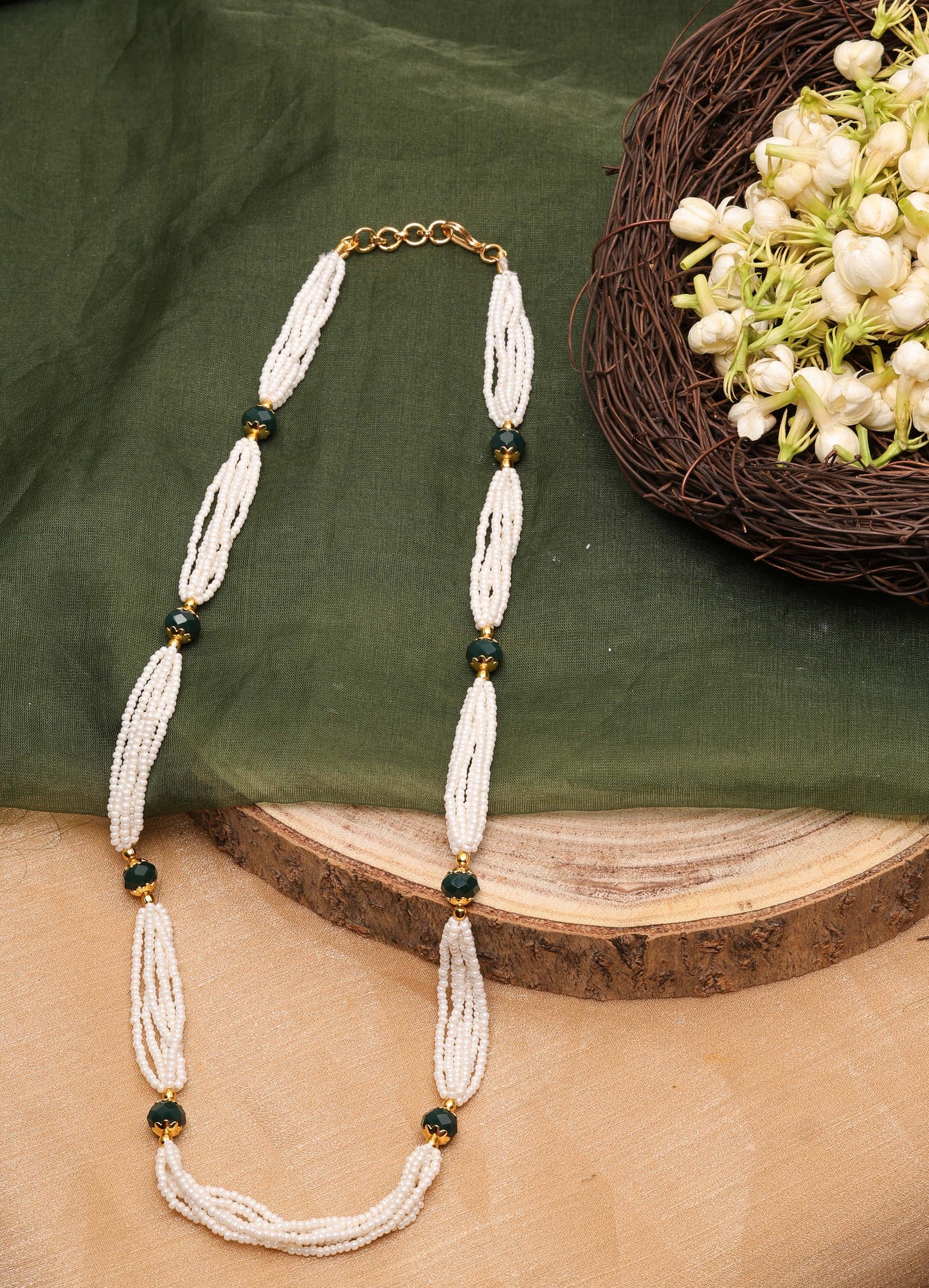 Necklace with White Beads and Green Stones