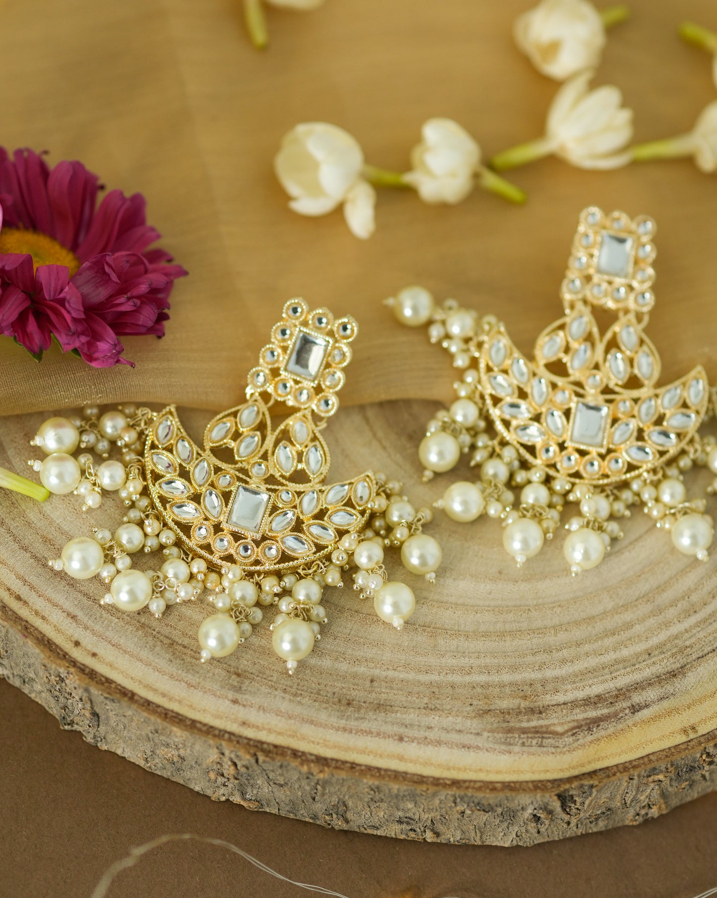 Golden Kundan and Pearl Drops Danglers