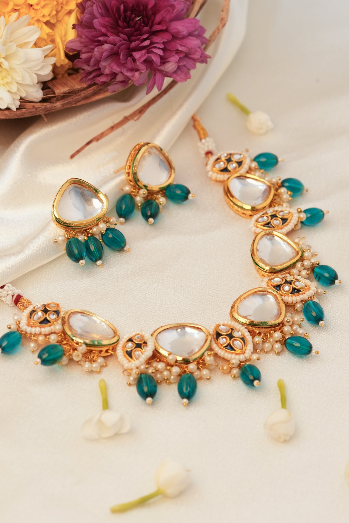 Kundan Necklace Set with Teal Green Pearls for Festive Glam