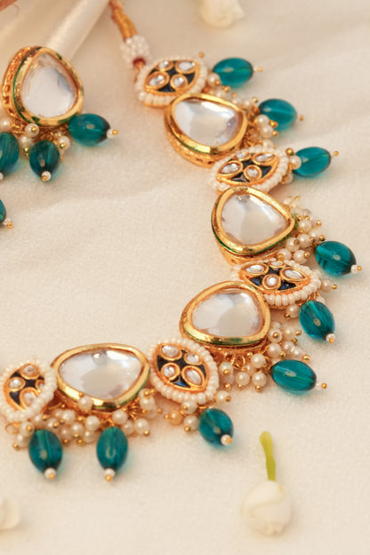 Kundan Necklace Set with Teal Green Pearls for Festive Glam