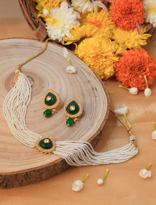 White Pearl Choker Set with Green Drop Pendant
