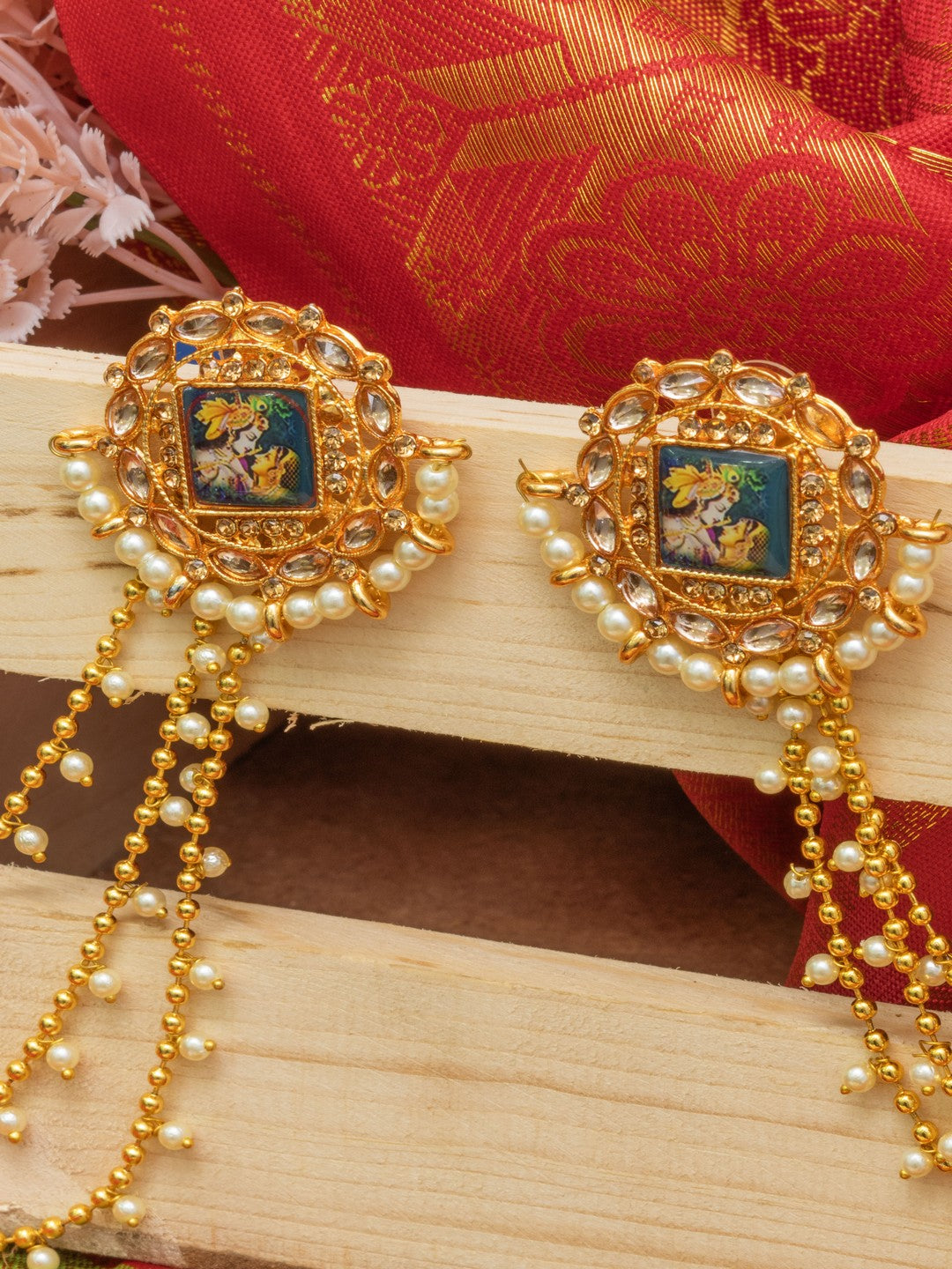 Festive Gold and White Kundan Bahubali Earrings with Radhe Krishna Motif
