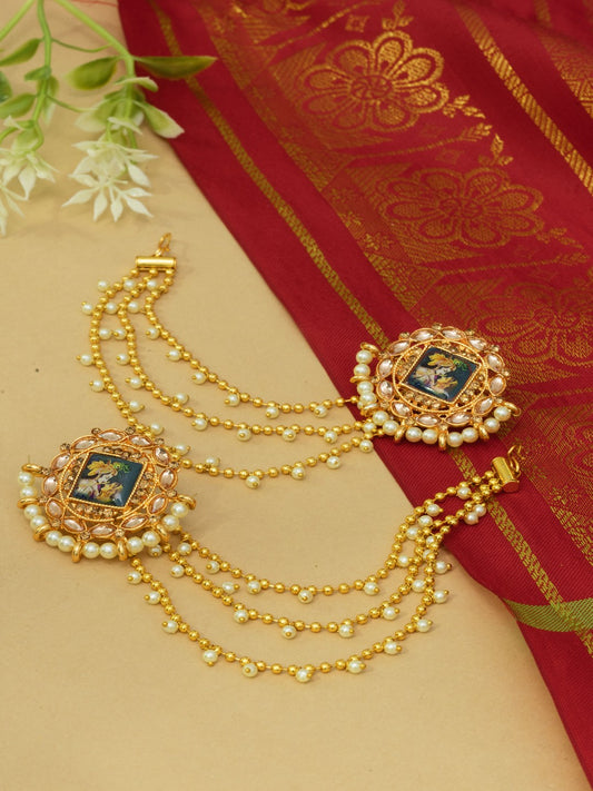 Festive Gold and White Kundan Bahubali Earrings with Radhe Krishna Motif
