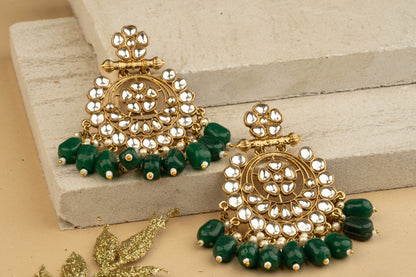 Embellished Gold Chandbalis with Green Kundan Drops
