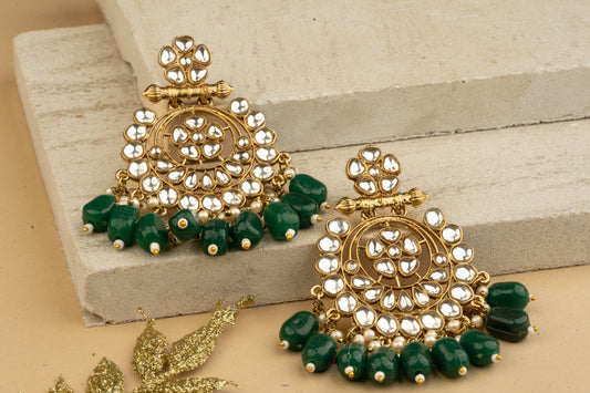 Embellished Gold Chandbalis with Green Kundan Drops