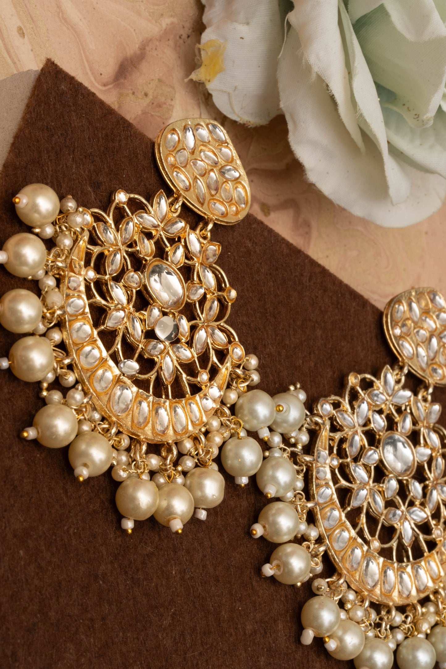 Embellished Gold Chandbalis with Off White Kundan Drops