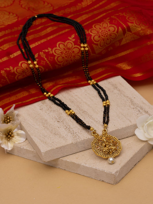 Ethnic Gold Tone Black Patterned Mangalsutra with Goddess Motif